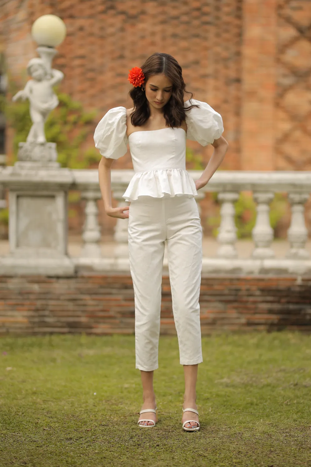 CLARA PANTS SET Peplum Puff Sleeve Blouse (White Linen)