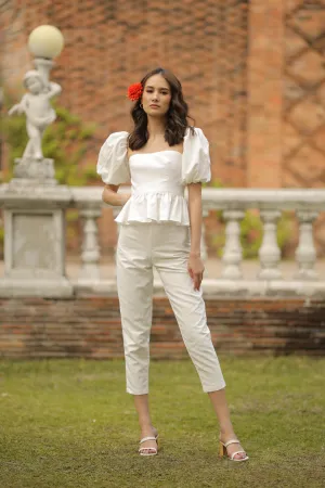CLARA PANTS SET Peplum Puff Sleeve Blouse (White Linen)