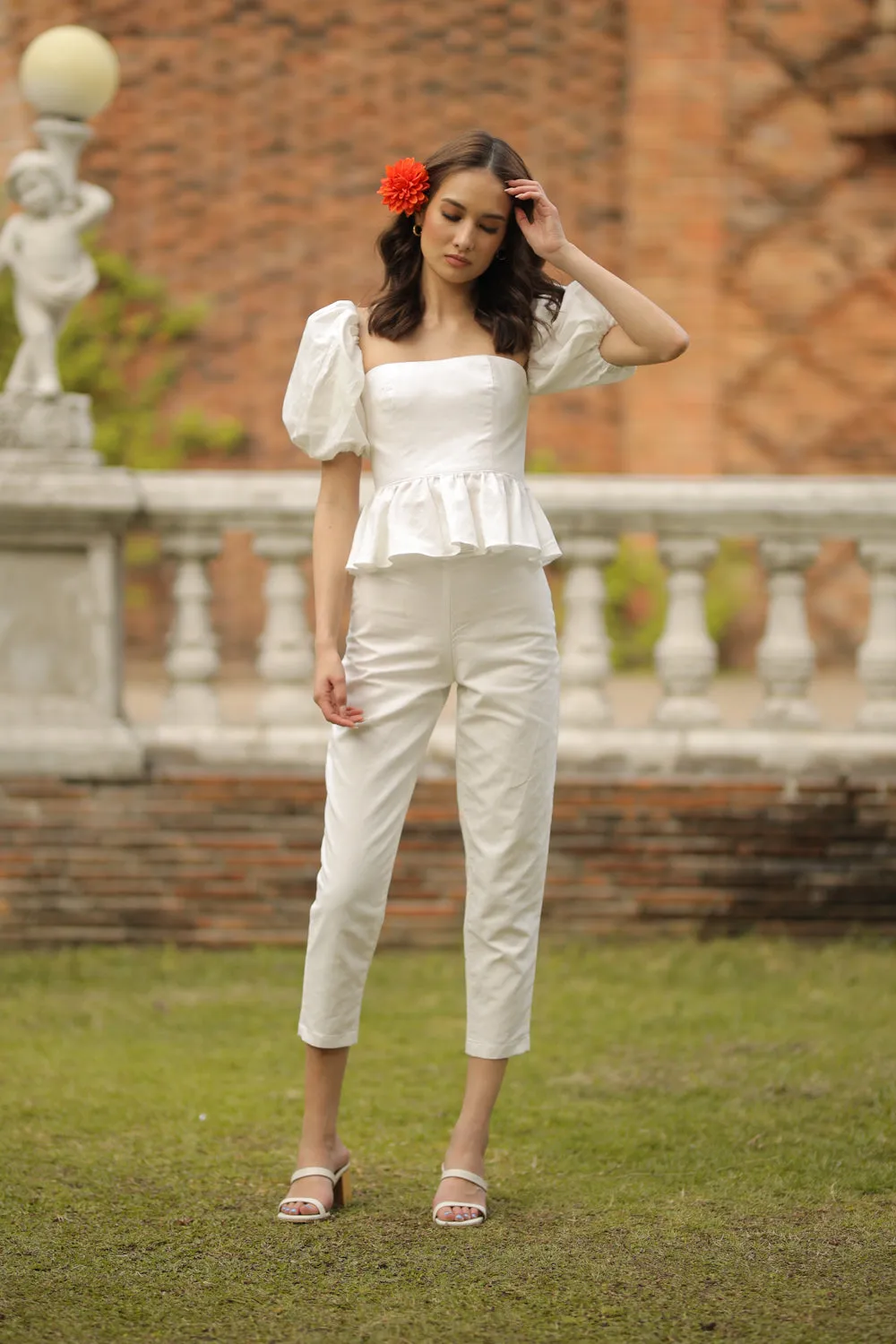 CLARA PANTS SET Peplum Puff Sleeve Blouse (White Linen)