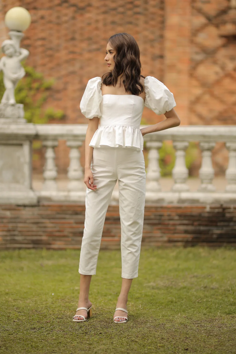 CLARA PANTS SET Peplum Puff Sleeve Blouse (White Linen)