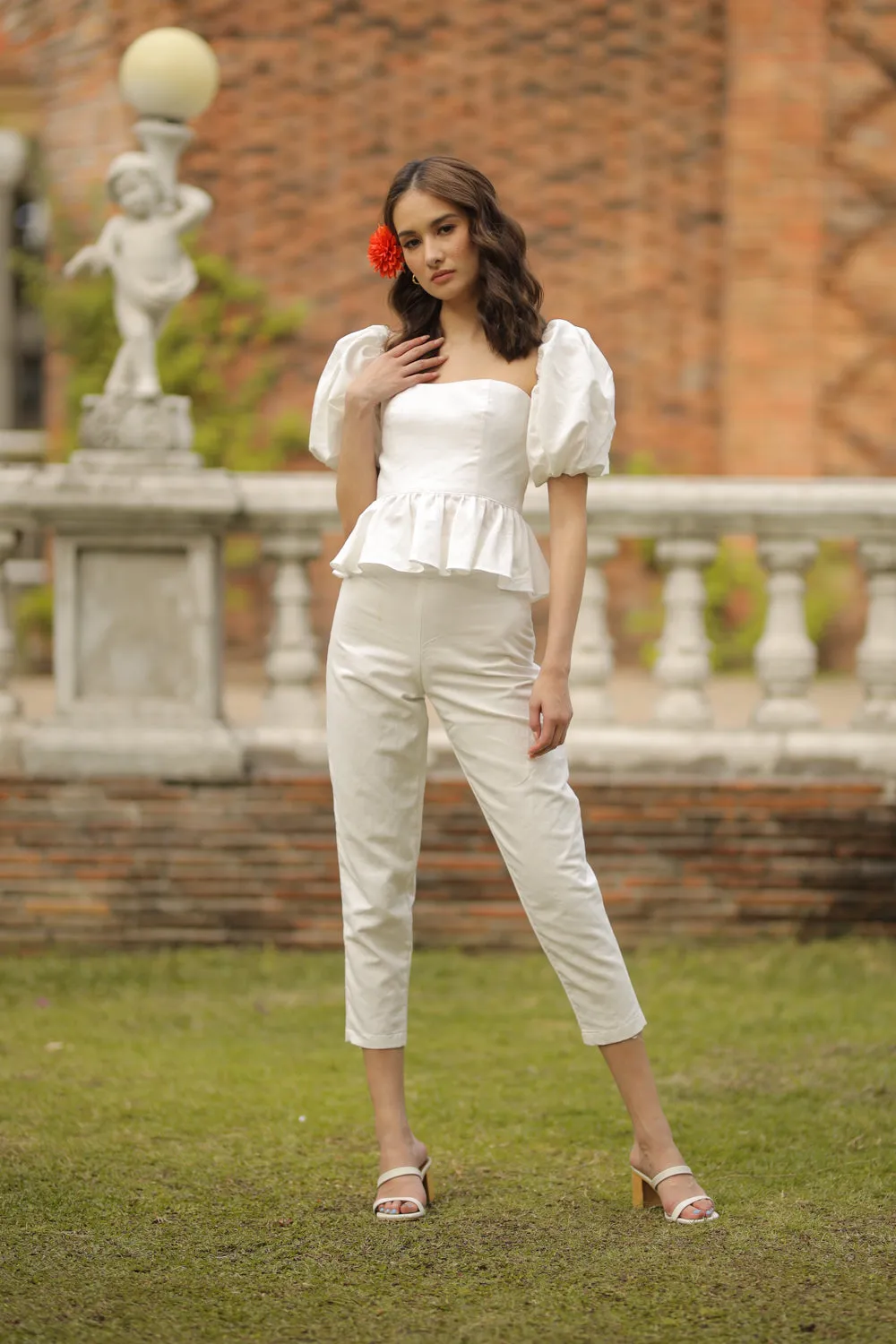 CLARA PANTS SET Peplum Puff Sleeve Blouse (White Linen)