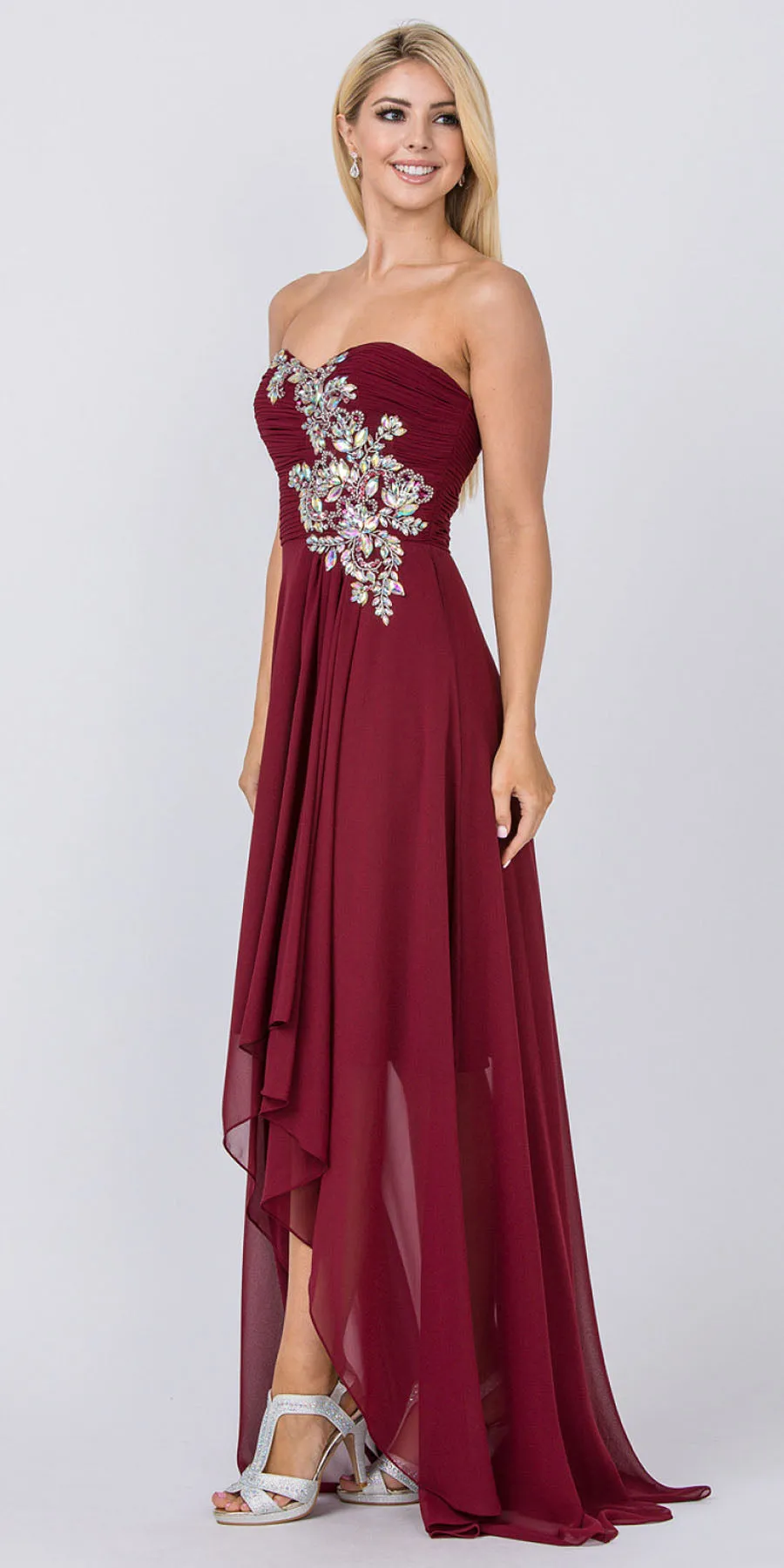 CLEARANCE - High Low Strapless A Line Ruched Bodice Prom Dress (Size 2XL)