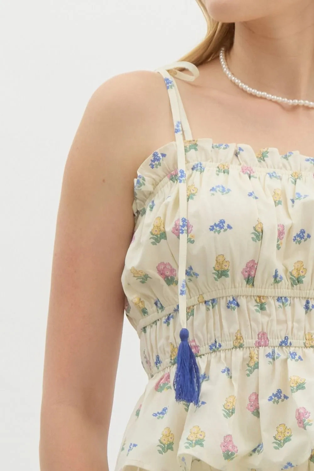 Cream Floral Tassel Tie Top