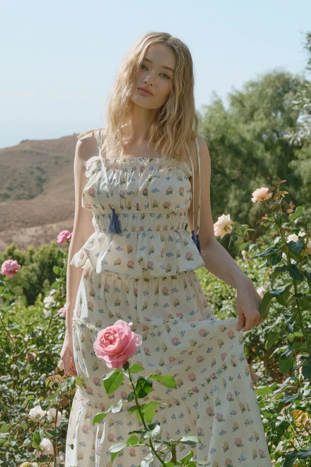 Cream Floral Tassel Tie Top