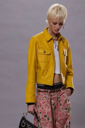 CROPPED SHRUNKEN ZIP-UP LEATHER JACKET - YELLOW / AQUA