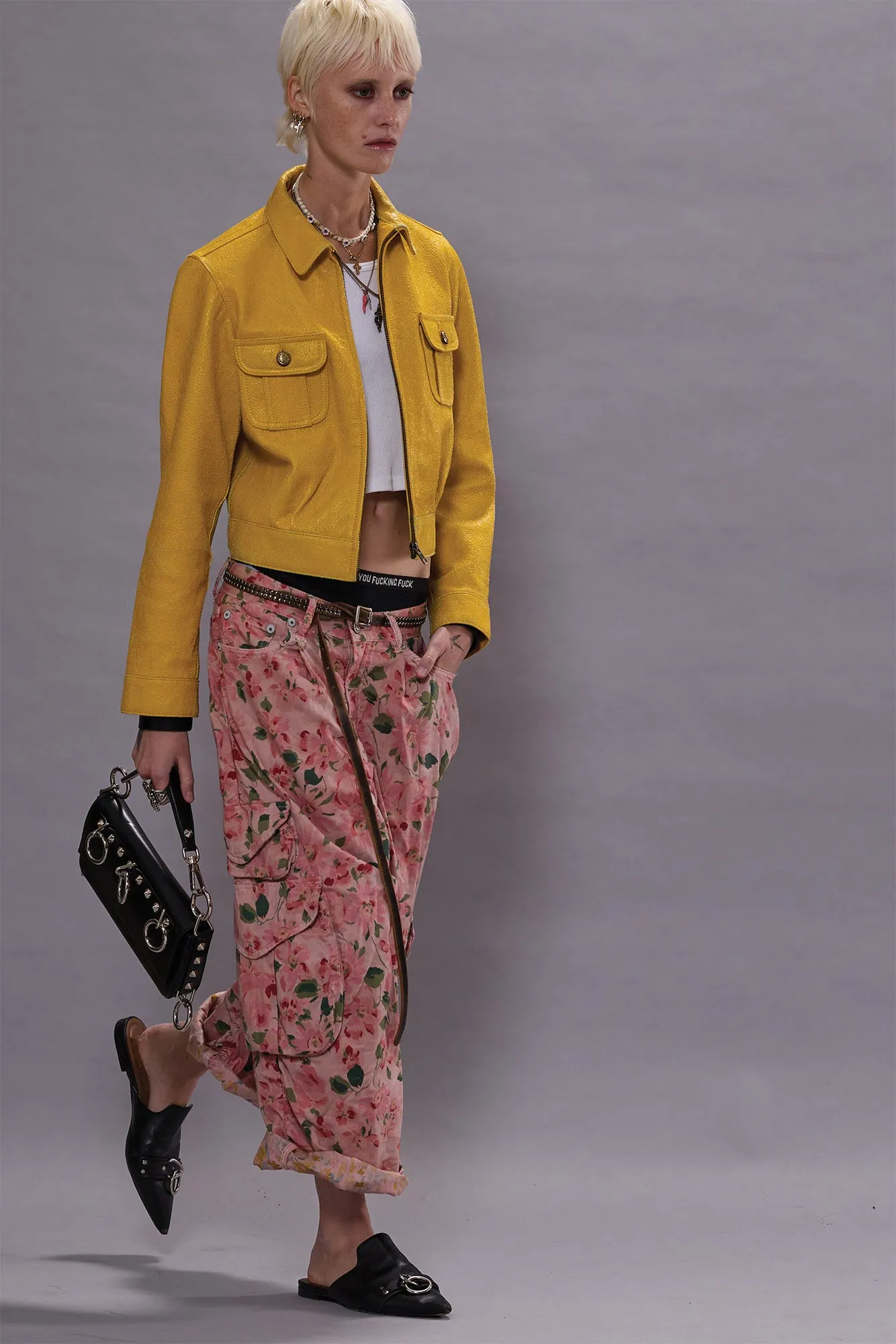 CROPPED SHRUNKEN ZIP-UP LEATHER JACKET - YELLOW / AQUA