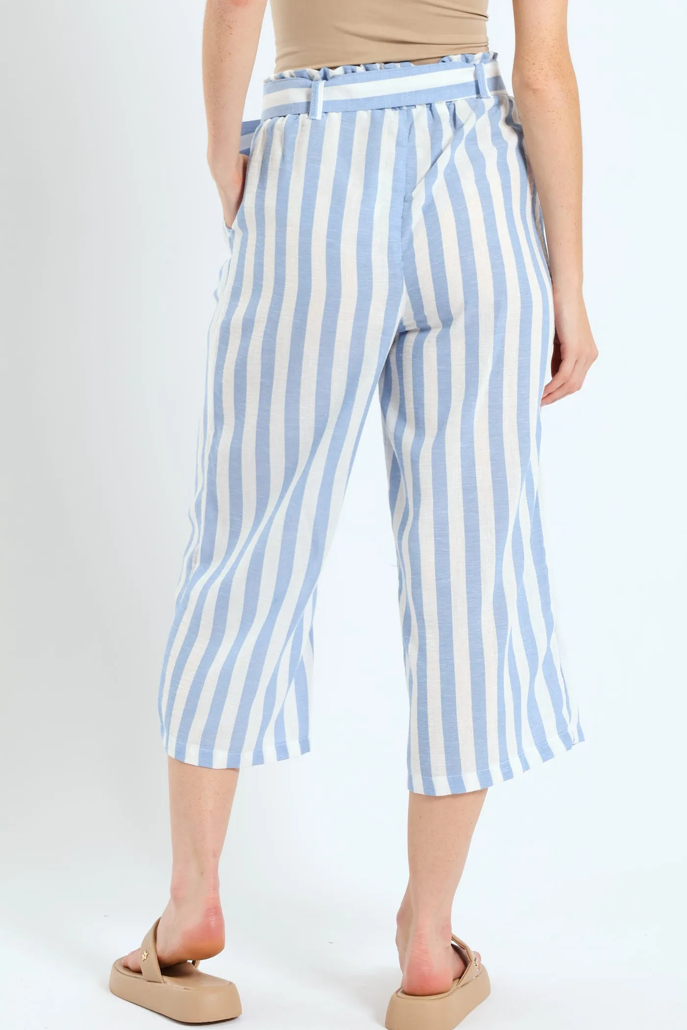 Culotte Self Tie Paperbag Wideleg Pants - White/Blue