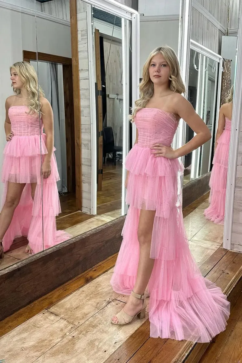 Cute Strapless Tie High Low Homecoming Dresses