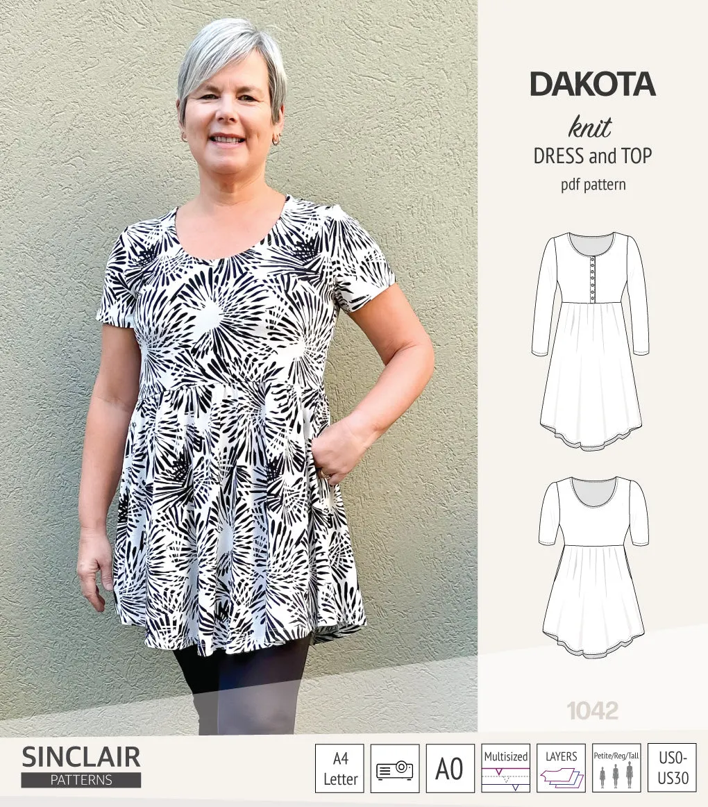 Dakota knit tunic or dress with a peplum and a placket (PDF) (2025 Update)