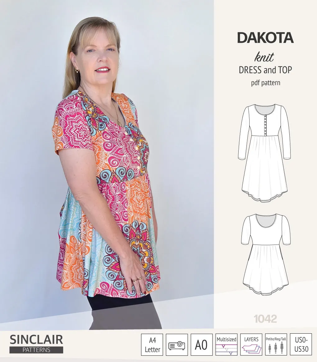 Dakota knit tunic or dress with a peplum and a placket (PDF) (2025 Update)