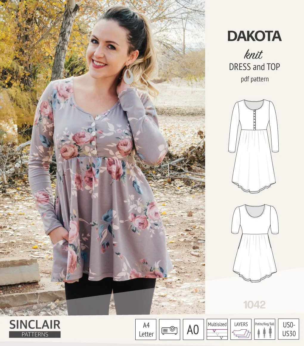 Dakota knit tunic or dress with a peplum and a placket (PDF) (2025 Update)