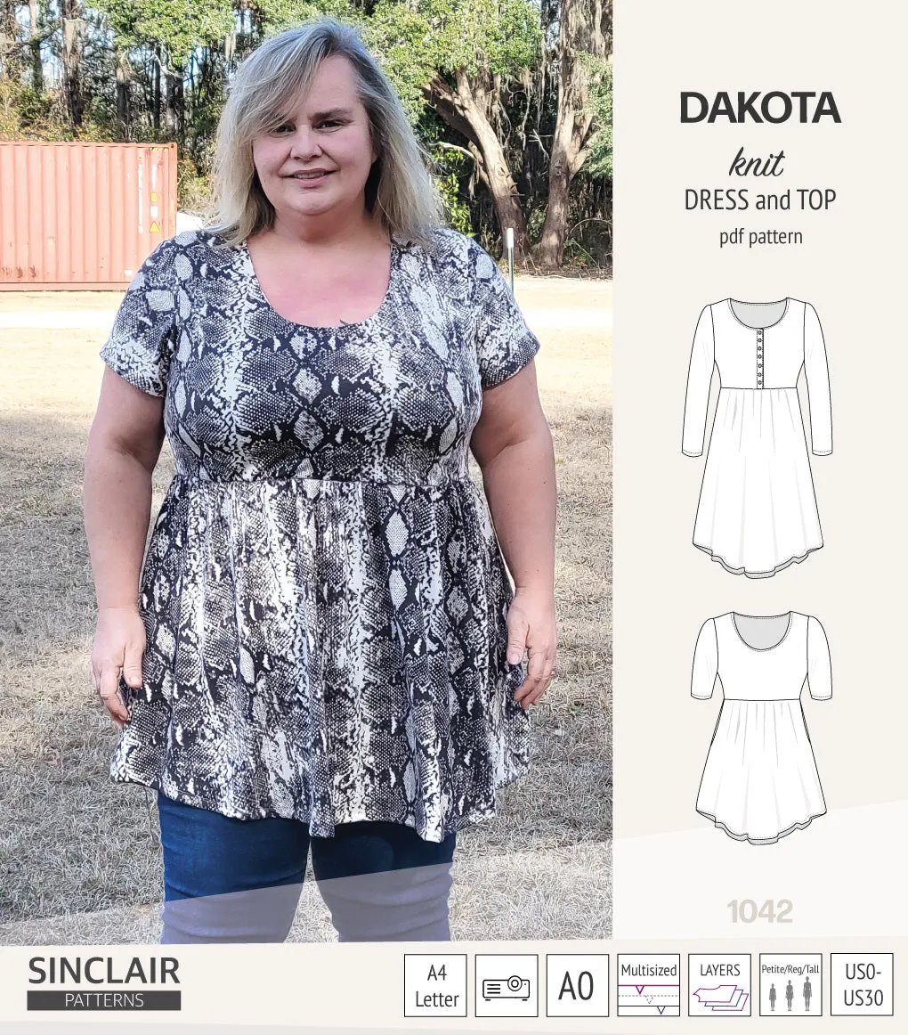 Dakota knit tunic or dress with a peplum and a placket (PDF) (2025 Update)