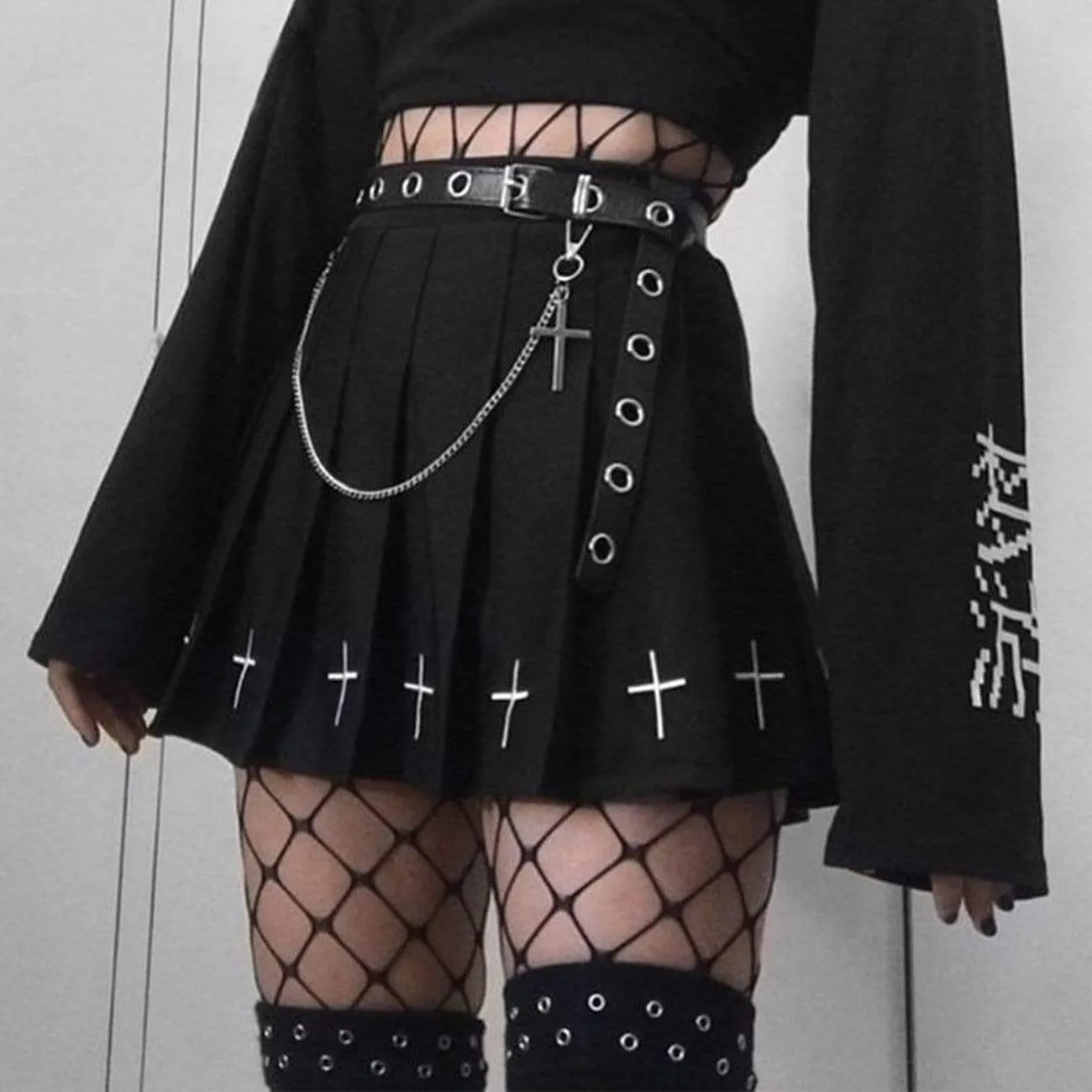 Dark Cross Print High-Waist Pleated Skirt