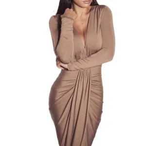 Deep V Neck Bodycon Sexy Womens Party Club Dresses Long Sleeve Autumn Winter Draped Elegant Women Dress Maxi Long Dress Vestidos