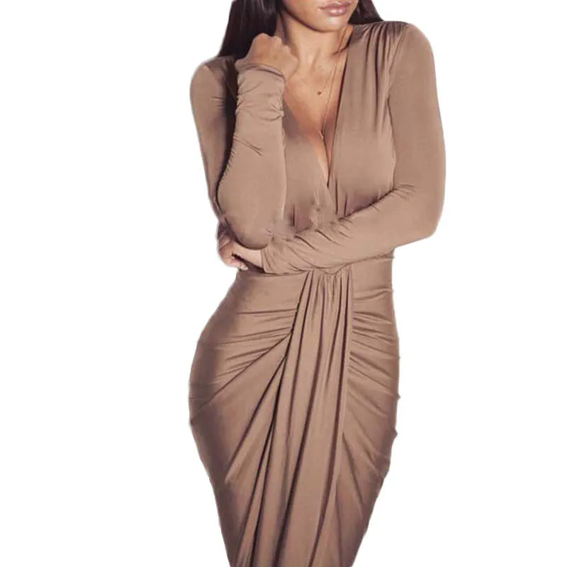 Deep V Neck Bodycon Sexy Womens Party Club Dresses Long Sleeve Autumn Winter Draped Elegant Women Dress Maxi Long Dress Vestidos