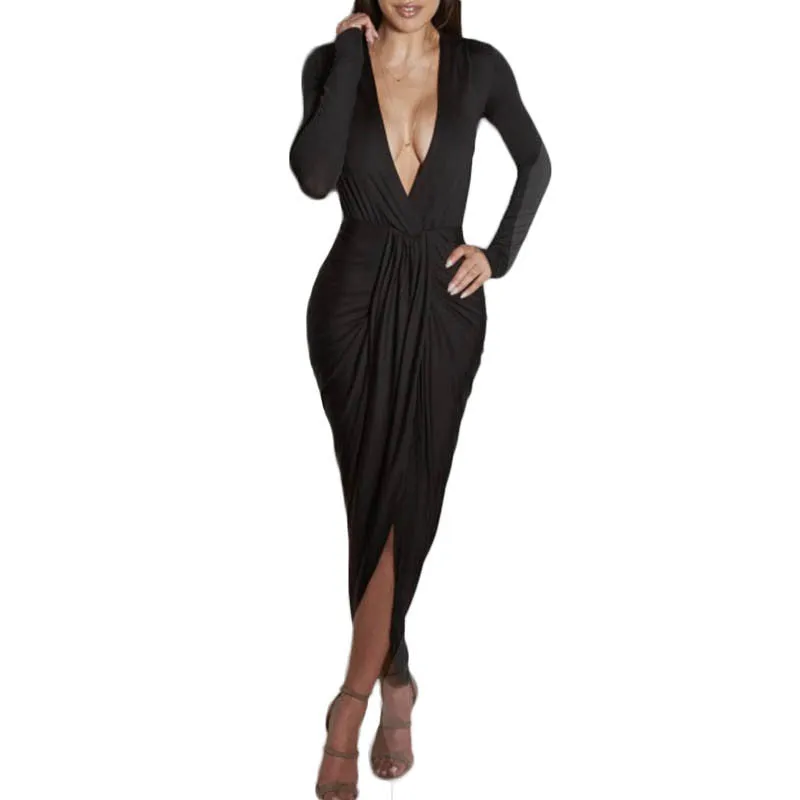 Deep V Neck Bodycon Sexy Womens Party Club Dresses Long Sleeve Autumn Winter Draped Elegant Women Dress Maxi Long Dress Vestidos