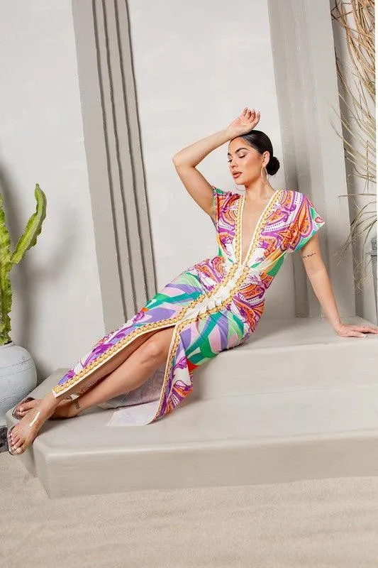 Deep V-neck pleats midi dress