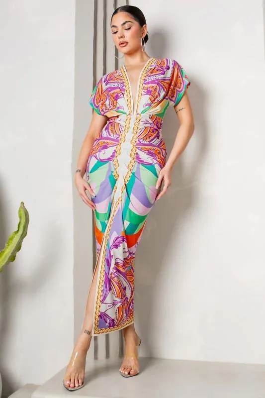 Deep V-neck pleats midi dress