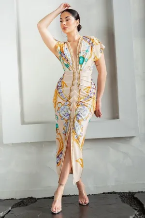 Deep V-neck pleats midi dress
