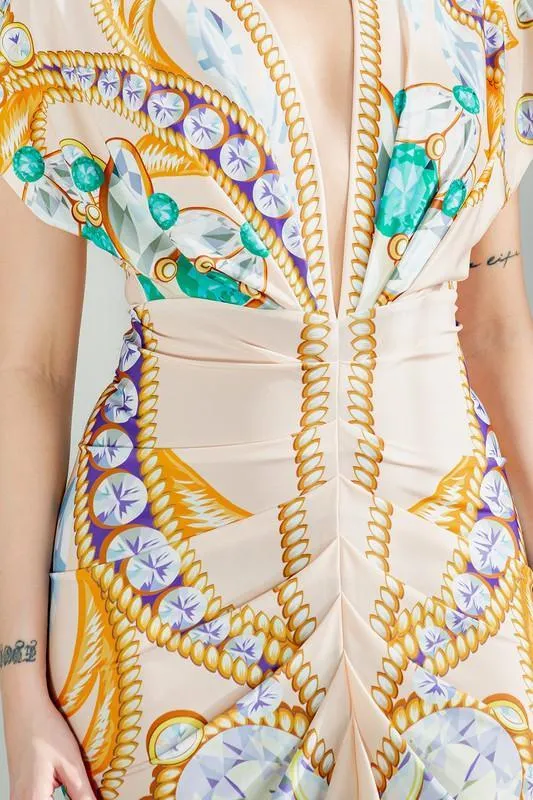 Deep V-neck pleats midi dress