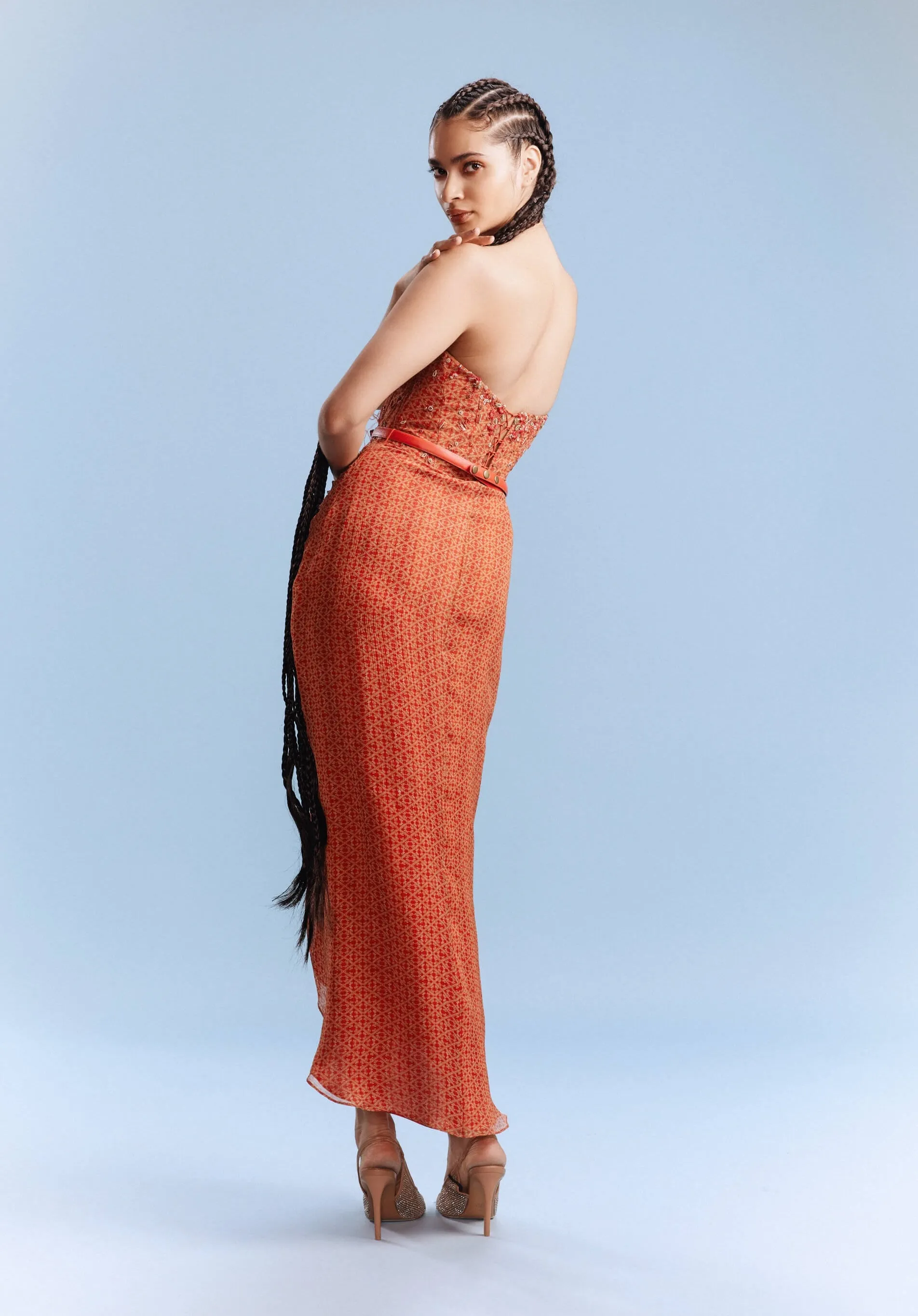 Dhara printed orange draped dress