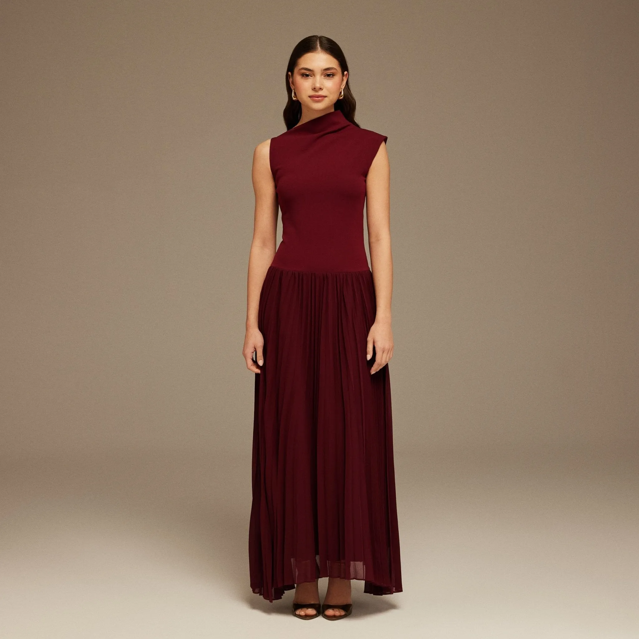 Draped Neck Pleated Skirt Maxi Dress