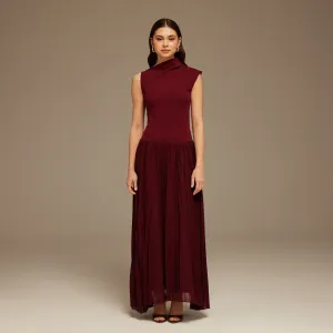 Draped Neck Pleated Skirt Maxi Dress