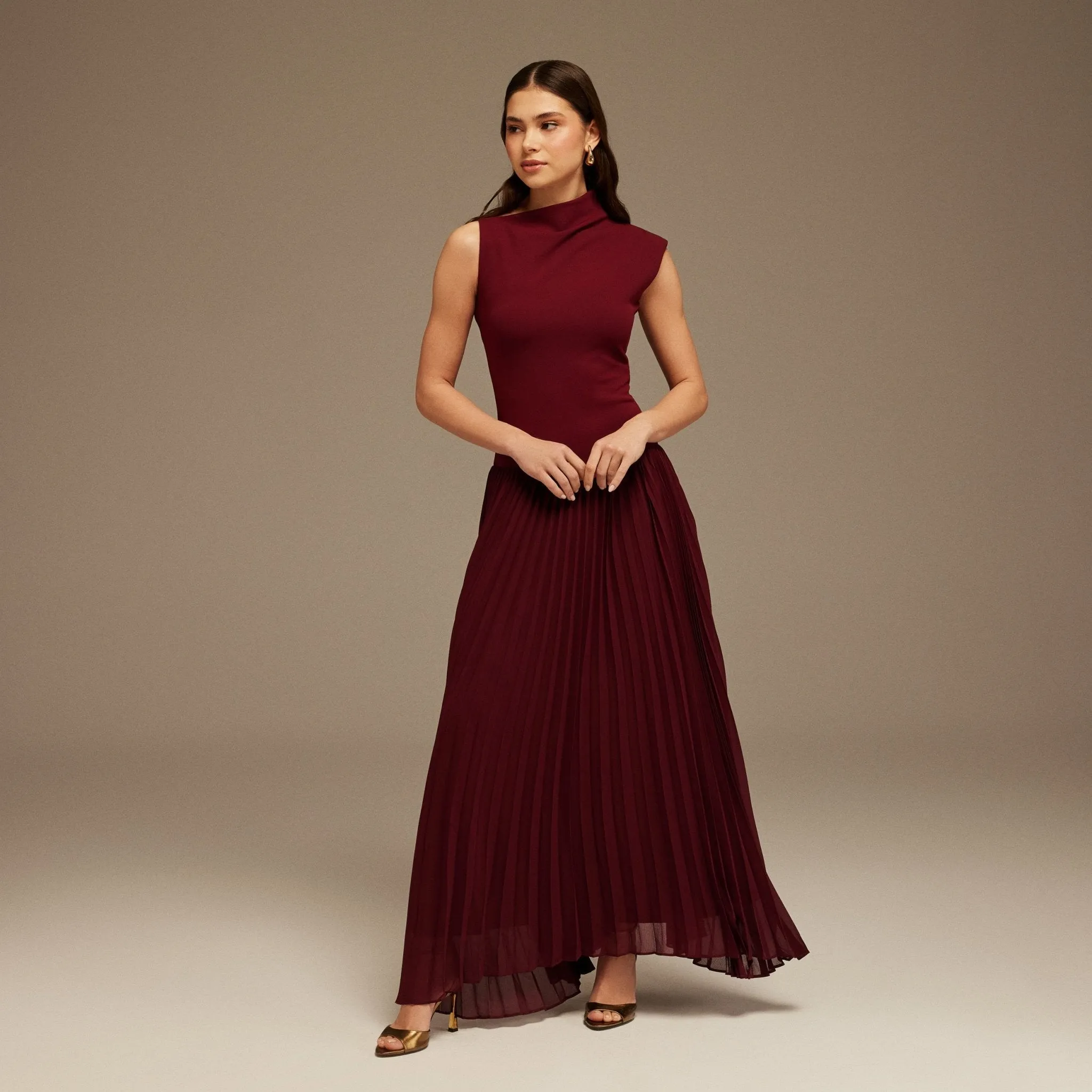 Draped Neck Pleated Skirt Maxi Dress