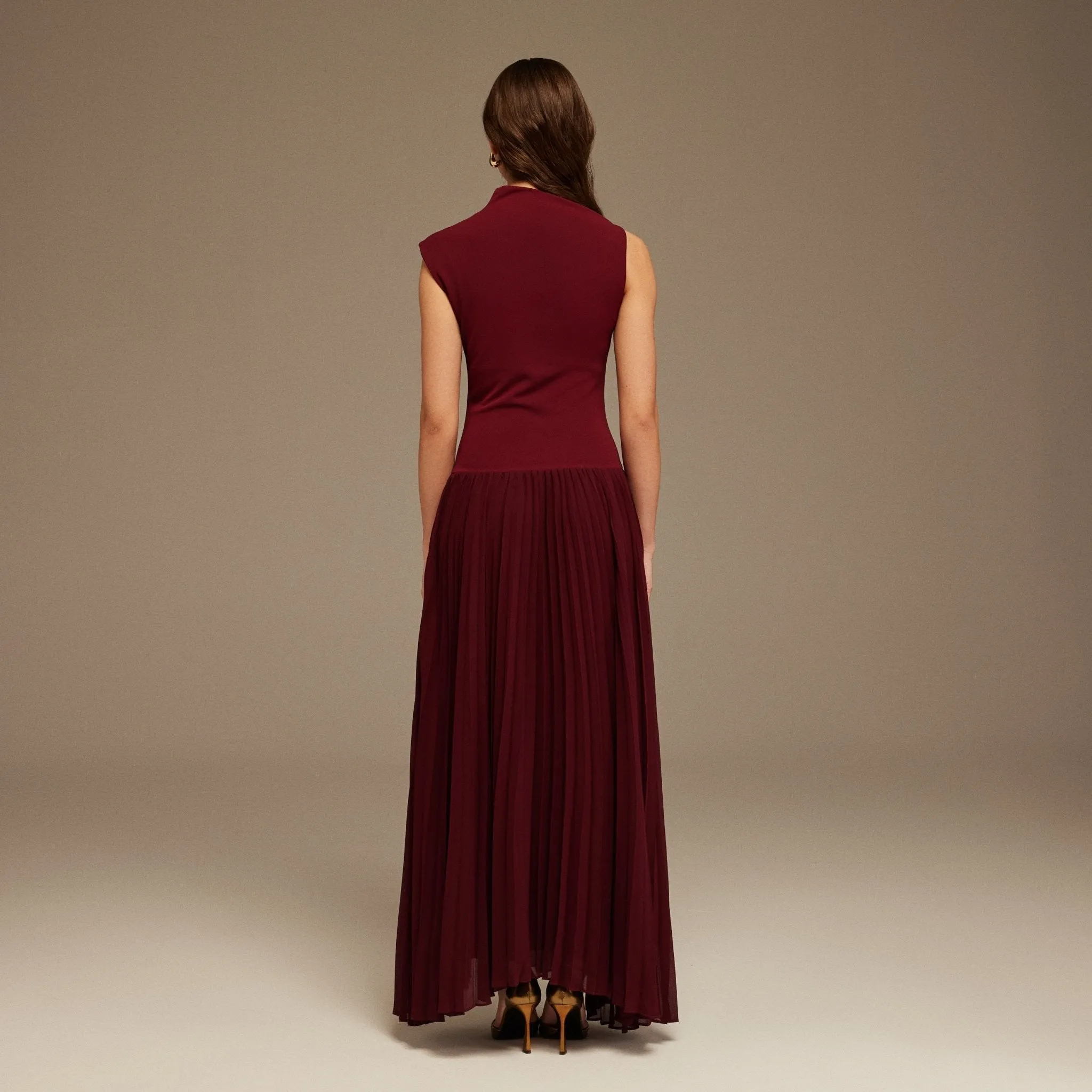 Draped Neck Pleated Skirt Maxi Dress