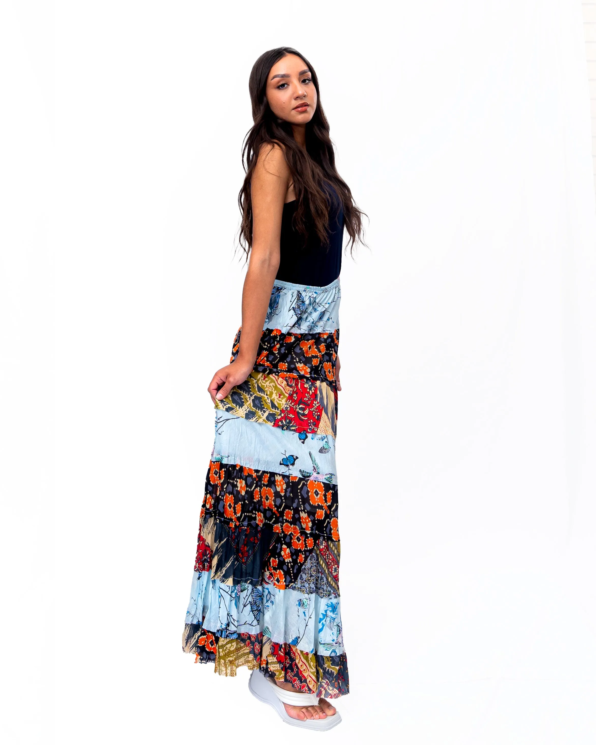 Eight tiered Long ruffle skirt. In Multi.