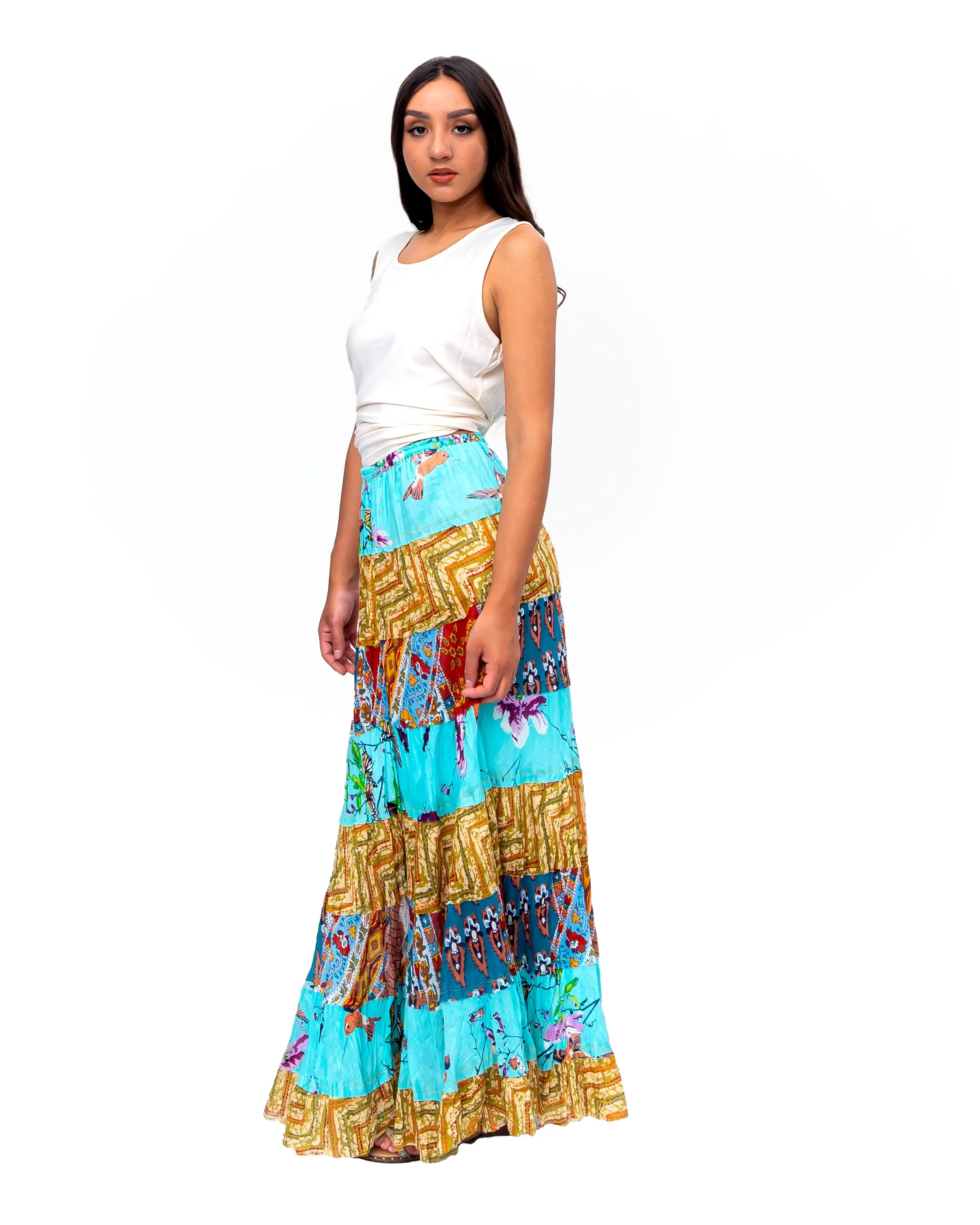 Eight tiered Long ruffle skirt. In Multi.