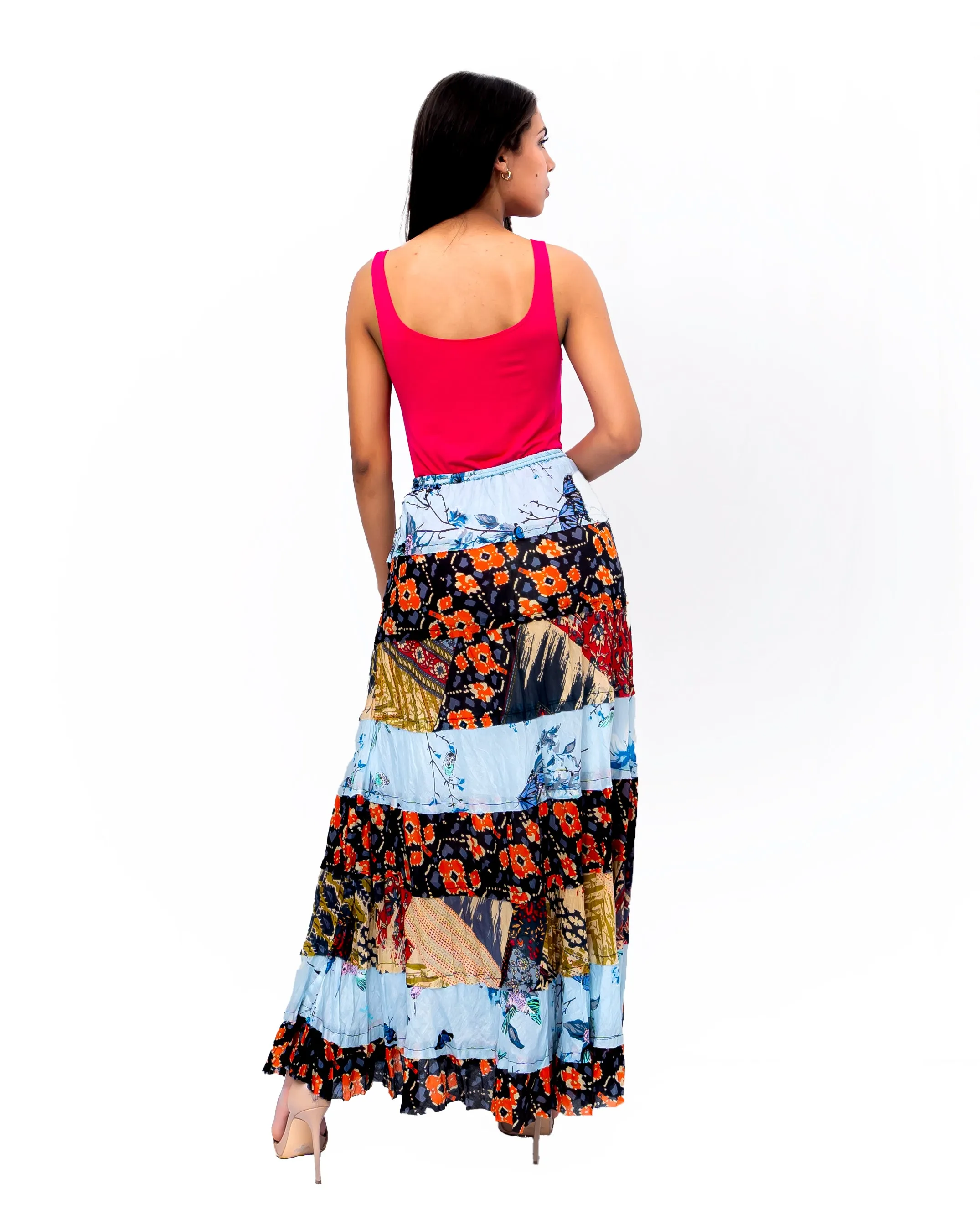 Eight tiered Long ruffle skirt. In Multi.
