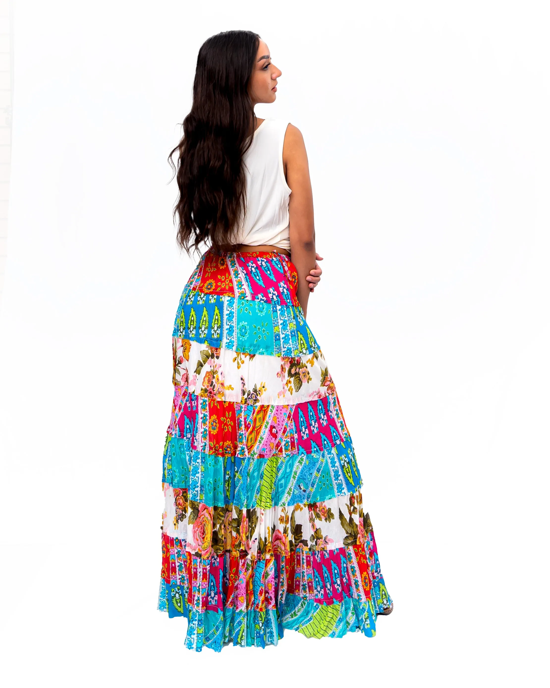 Eight tiered Long ruffle skirt. In Multi.