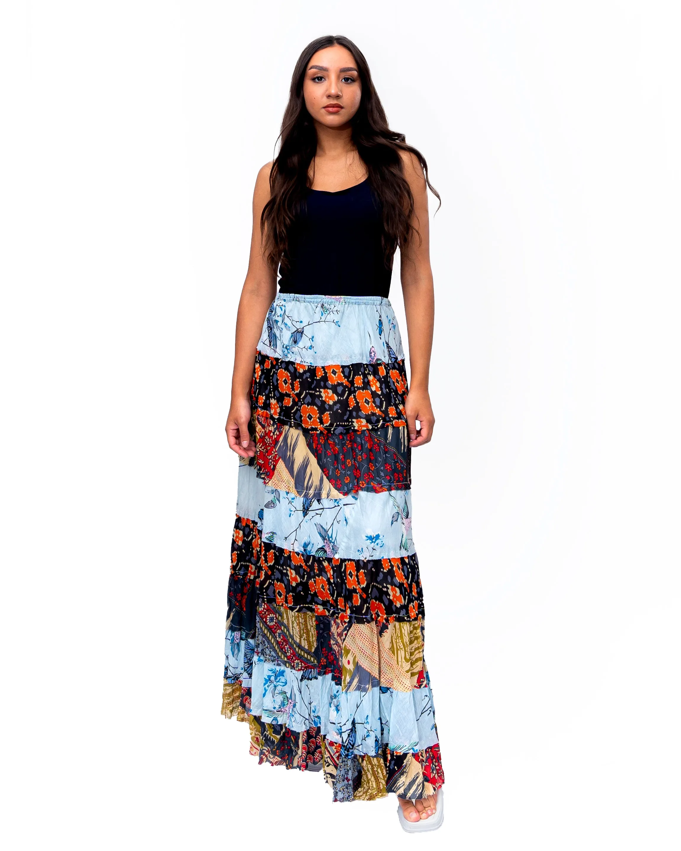 Eight tiered Long ruffle skirt. In Multi.