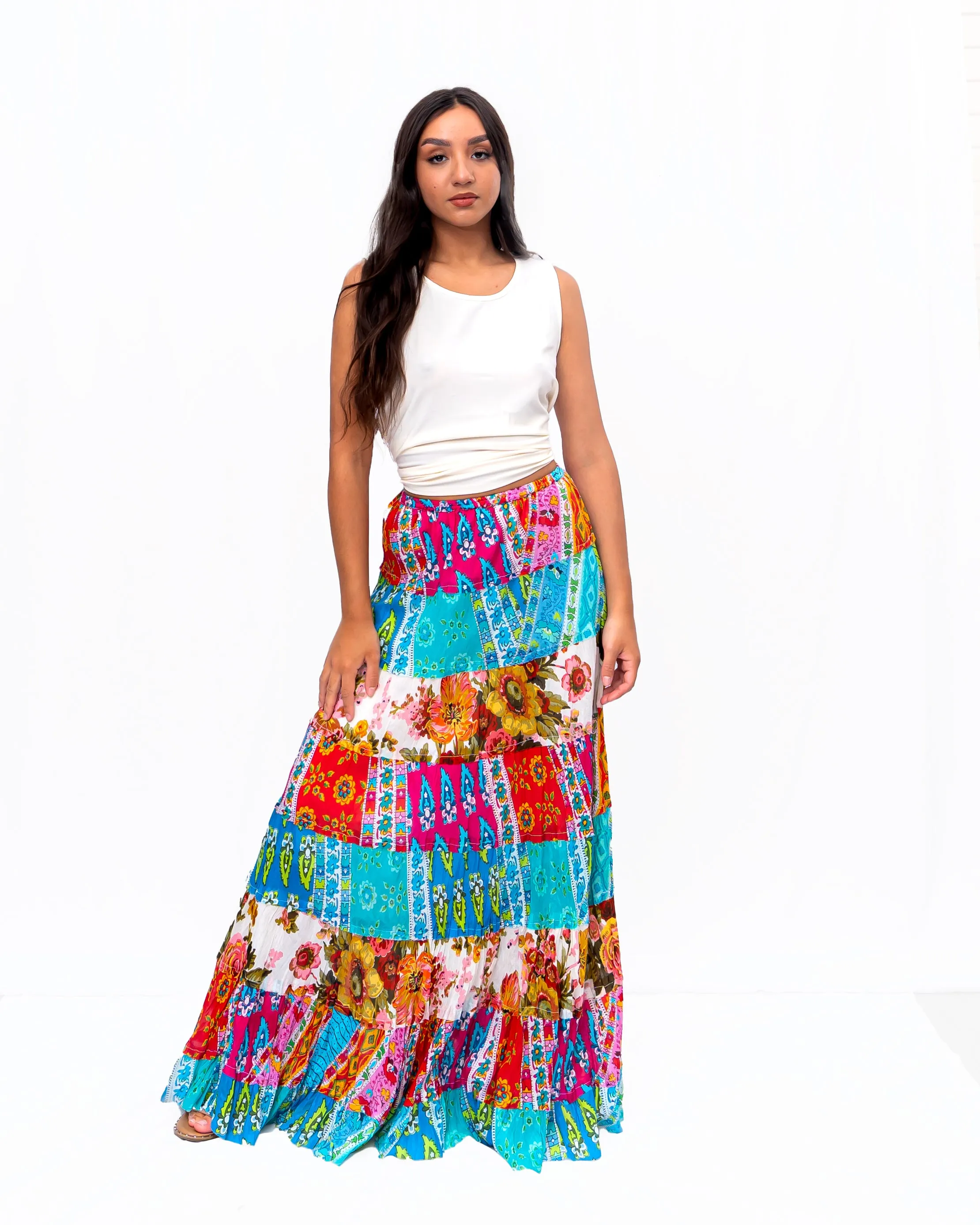 Eight tiered Long ruffle skirt. In Multi.