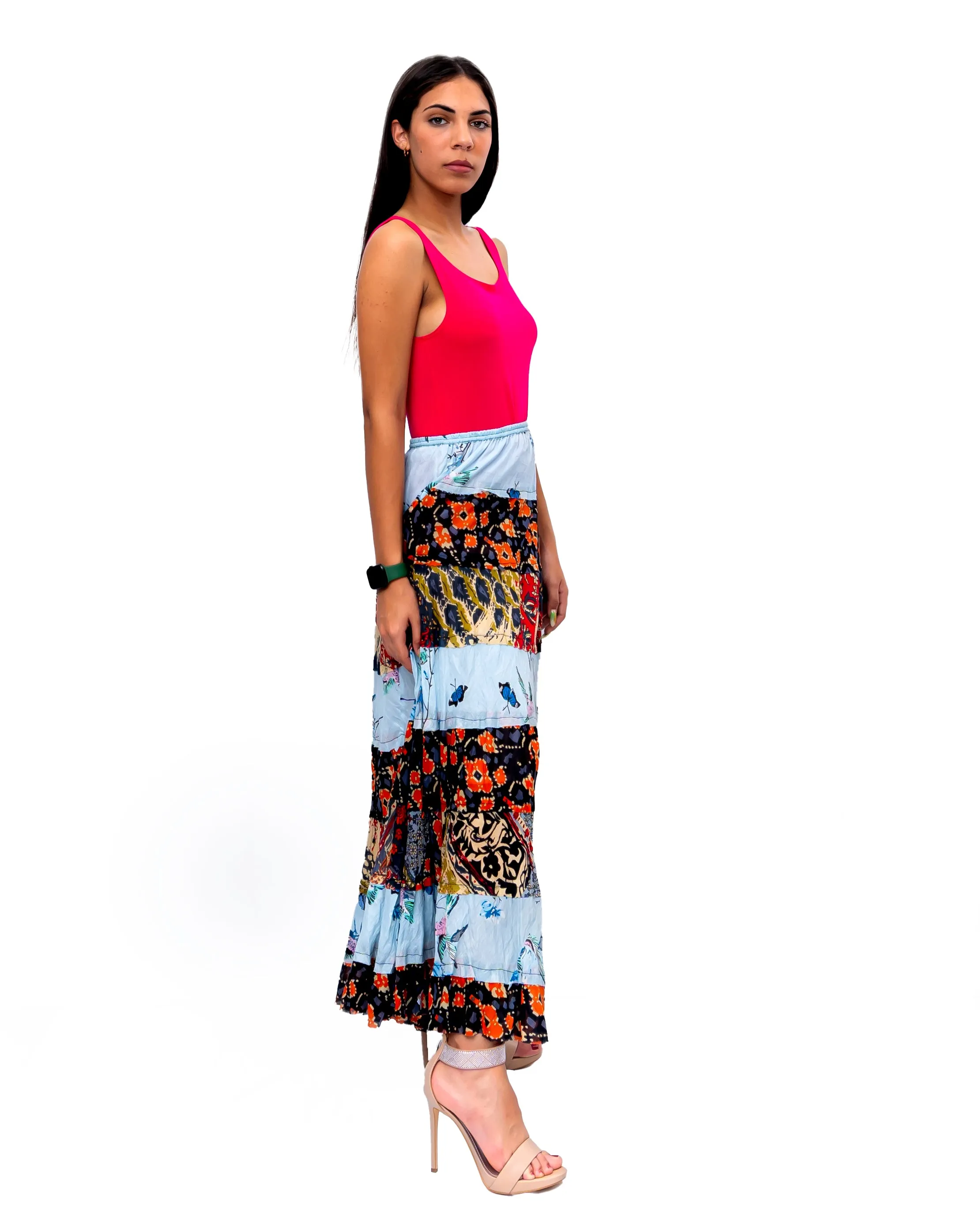 Eight tiered Long ruffle skirt. In Multi.