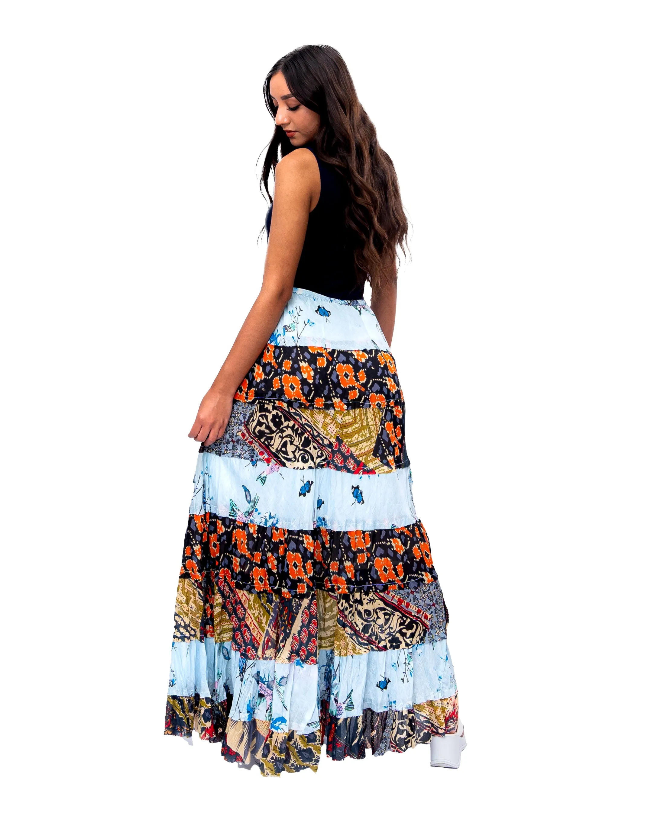 Eight tiered Long ruffle skirt. In Multi.