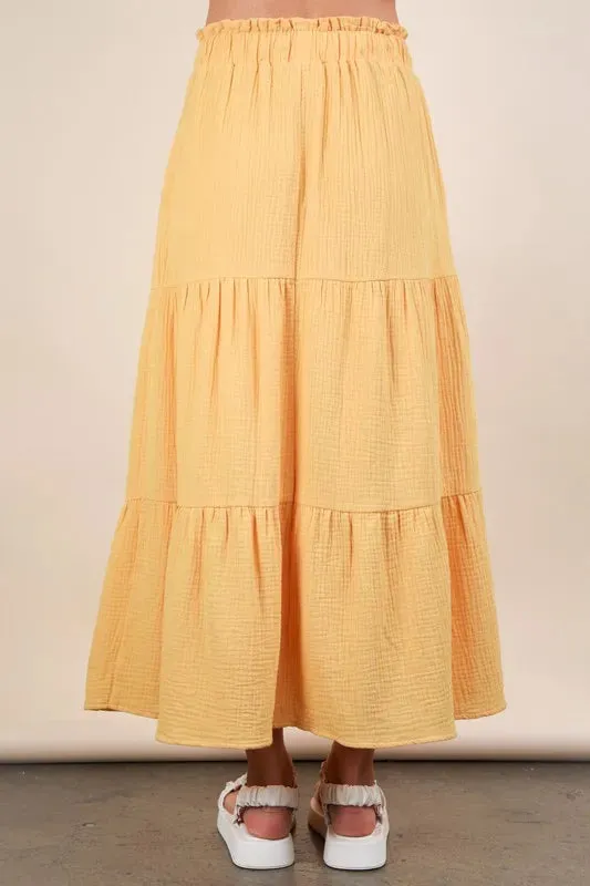 Elastic Waist Tiered Summer Maxi Skirt For Women – Boho Layered Flowy Fluttering Fashionable Skirt with Drawstring Waist for Feminine and Comfortable Styling