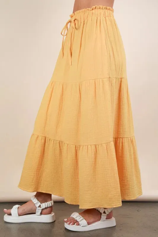 Elastic Waist Tiered Summer Maxi Skirt For Women – Boho Layered Flowy Fluttering Fashionable Skirt with Drawstring Waist for Feminine and Comfortable Styling