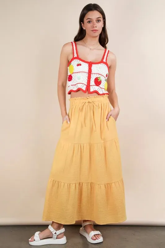 Elastic Waist Tiered Summer Maxi Skirt For Women – Boho Layered Flowy Fluttering Fashionable Skirt with Drawstring Waist for Feminine and Comfortable Styling