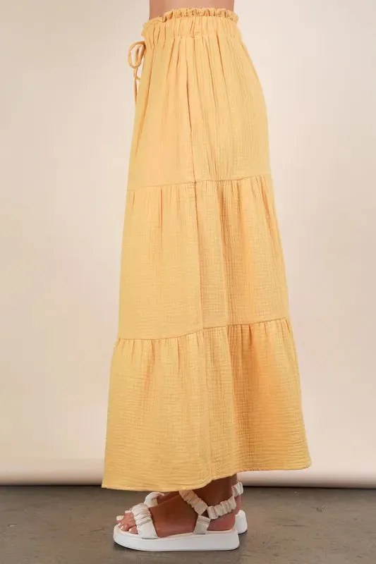Elastic Waist Tiered Summer Maxi Skirt For Women – Boho Layered Flowy Fluttering Fashionable Skirt with Drawstring Waist for Feminine and Comfortable Styling