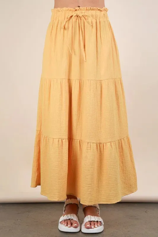Elastic Waist Tiered Summer Maxi Skirt For Women – Boho Layered Flowy Fluttering Fashionable Skirt with Drawstring Waist for Feminine and Comfortable Styling