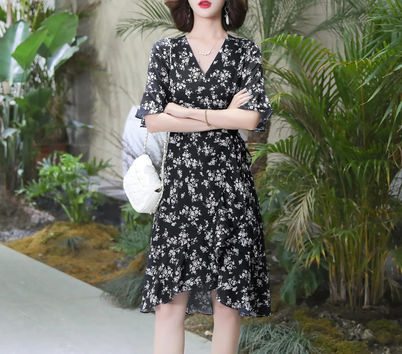 Elegant High-Low Floral Chiffon Dress for Women