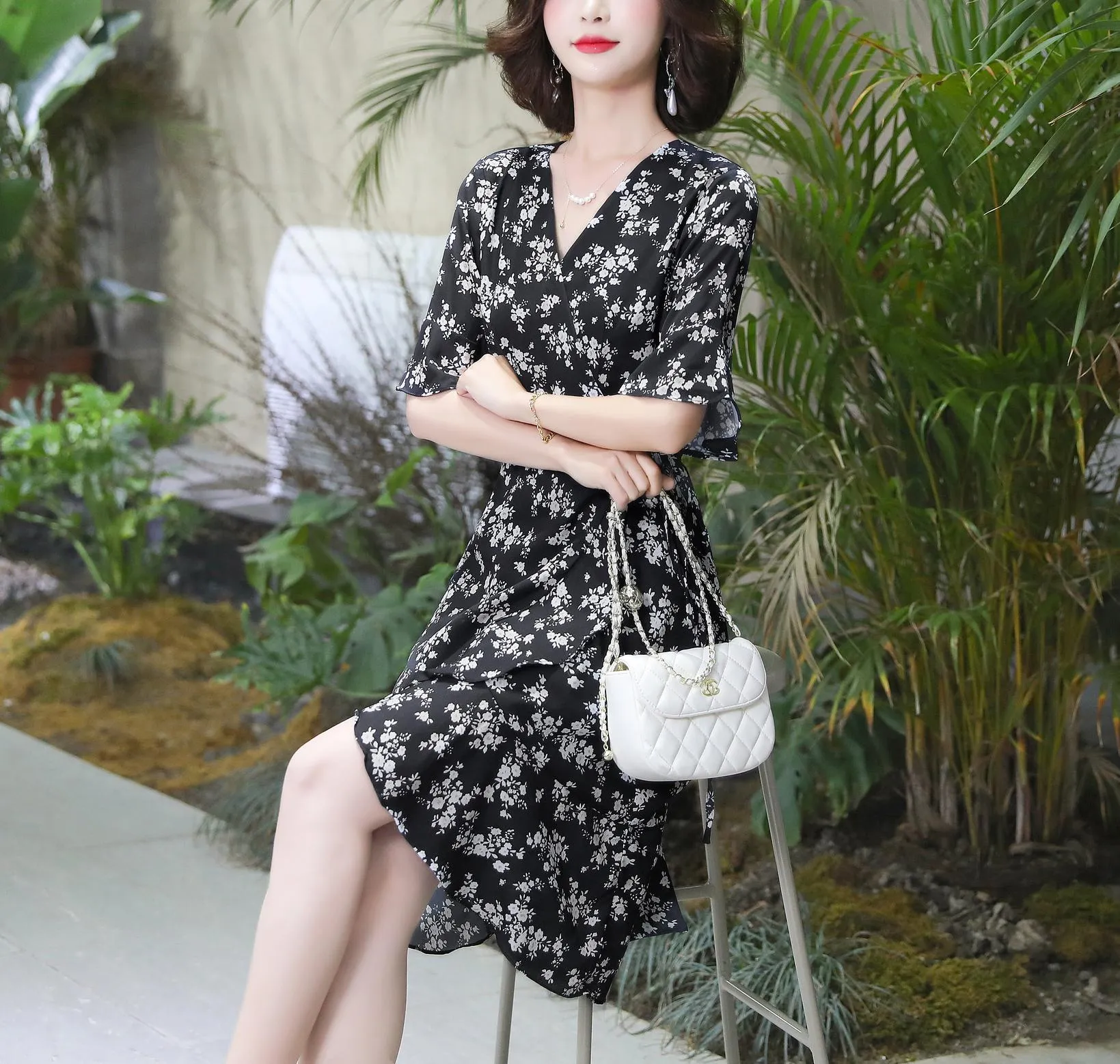 Elegant High-Low Floral Chiffon Dress for Women