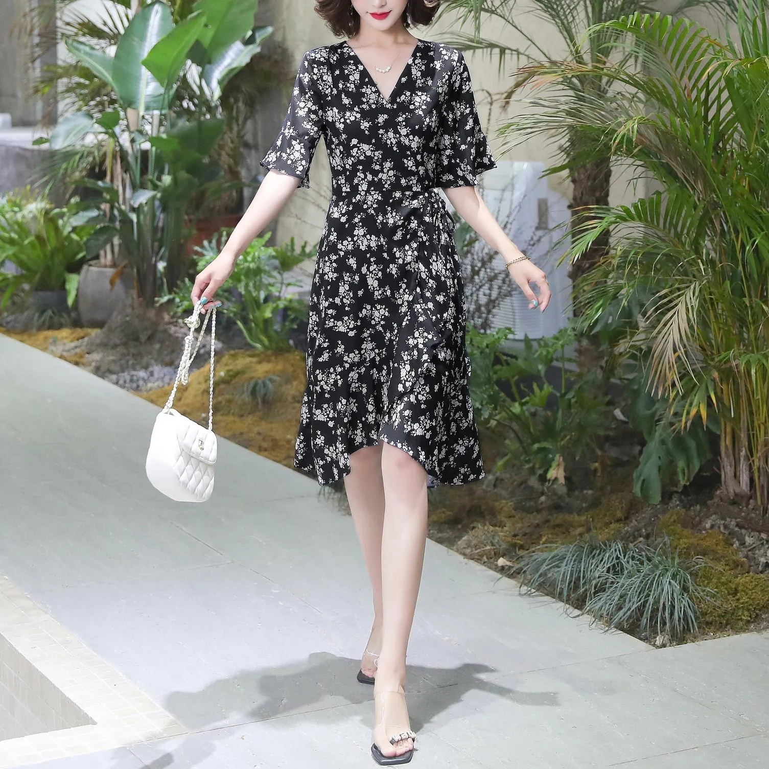 Elegant High-Low Floral Chiffon Dress for Women