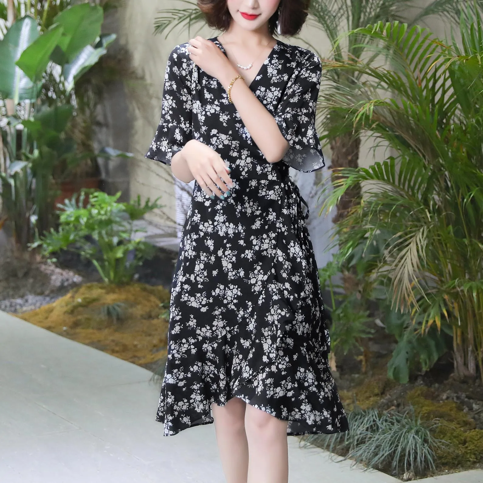 Elegant High-Low Floral Chiffon Dress for Women