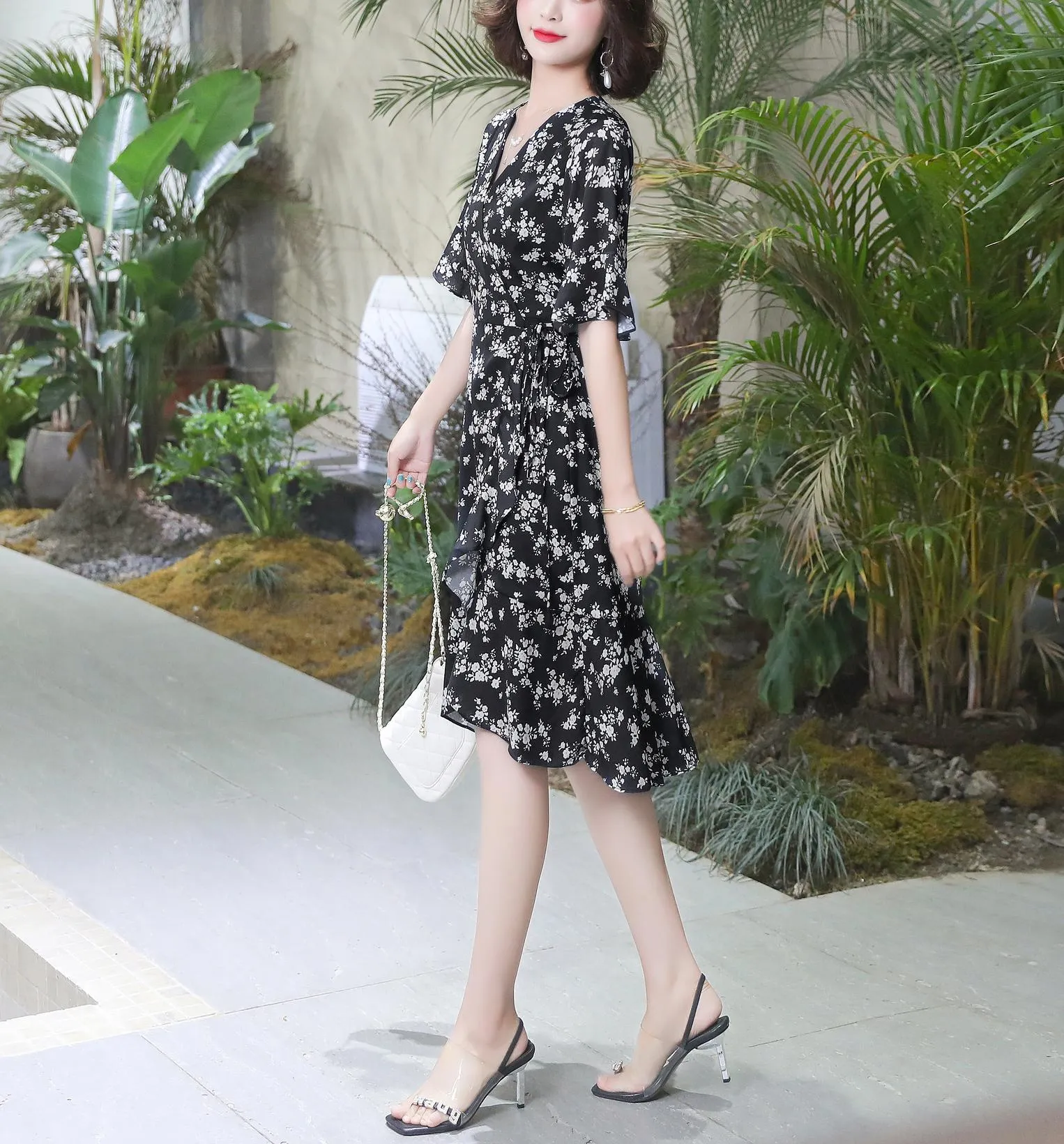 Elegant High-Low Floral Chiffon Dress for Women
