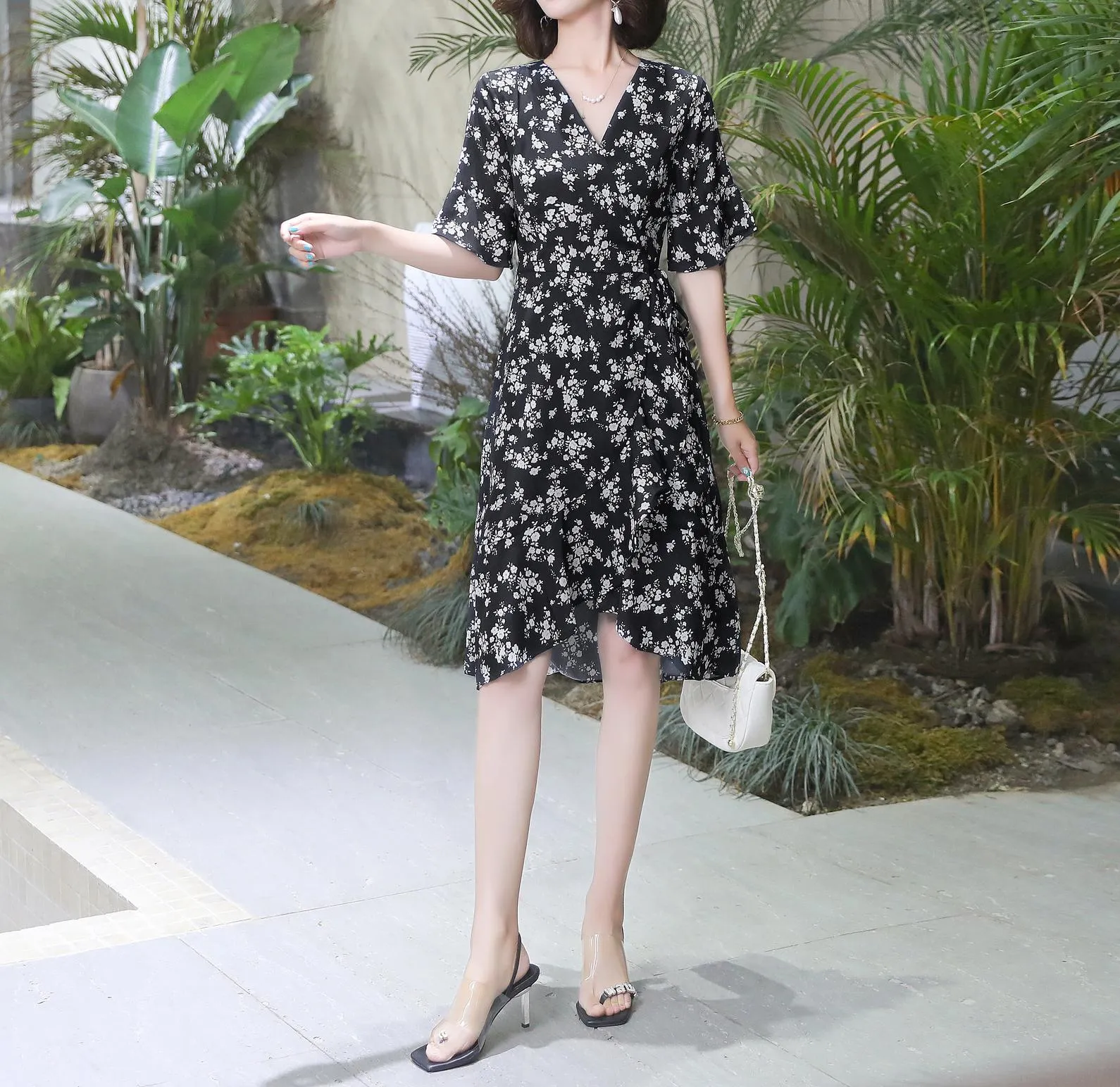 Elegant High-Low Floral Chiffon Dress for Women