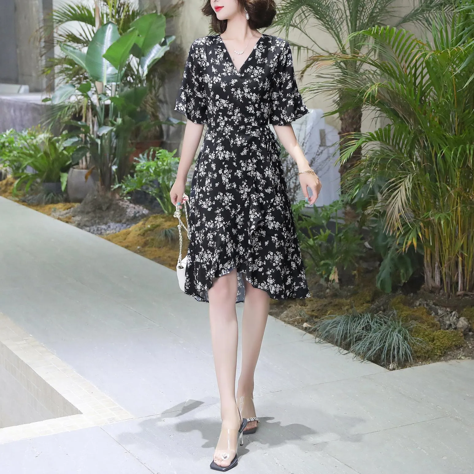 Elegant High-Low Floral Chiffon Dress for Women