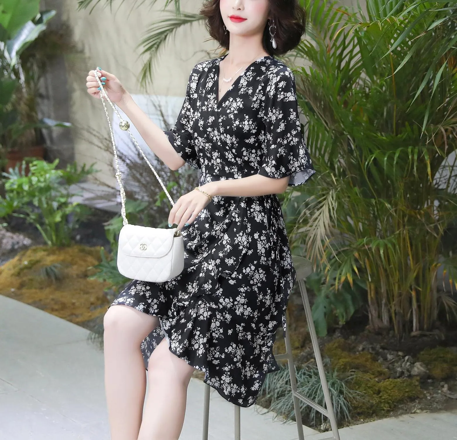 Elegant High-Low Floral Chiffon Dress for Women